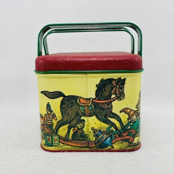 Vintage Potpourri Christmas Tin Box Storage Trinket 5” Container Red Handle Girl - Picture 4 of 10